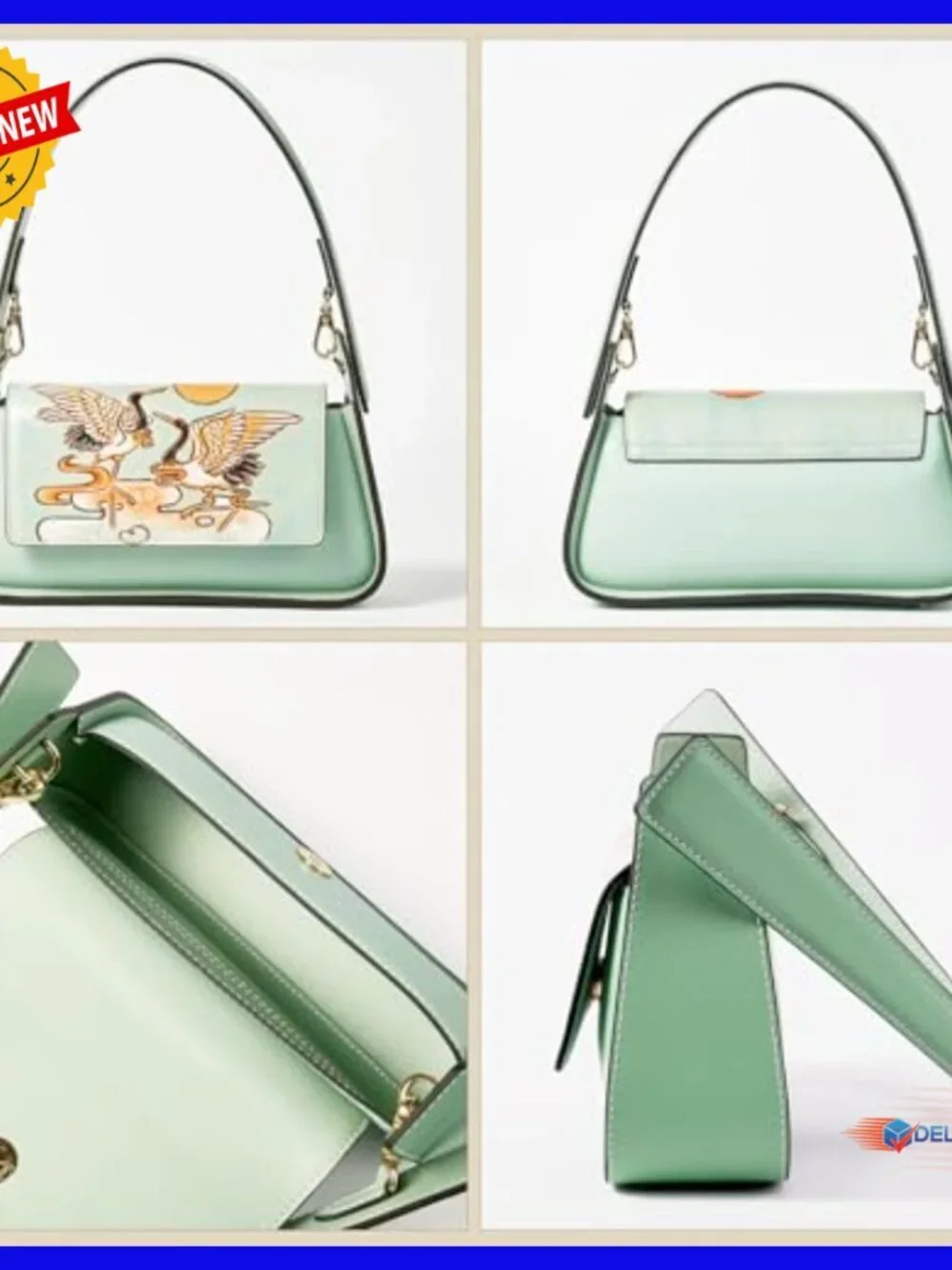 Genuine Leather Hobo Bag with Hand-Painted Pattern Adjustable Strap